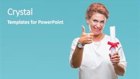  Presentation with certificate - Slide set enhanced with certificates - senior caucasian woman holding degree background and a light blue colored foreground