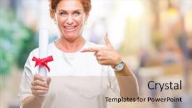  Presentation with certificate - Colorful slide set enhanced with certtificate - senior caucasian woman holding degree backdrop and a coral colored foreground