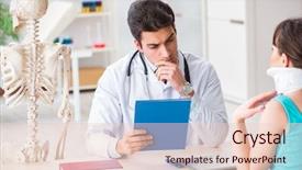  Presentation with injury - Presentation design with cervical anatomy - doctor is explaining to patient background and a  colored foreground