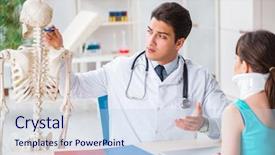  Presentation with asian doctor obese patient - Slide set having cervical vertebra - doctor is explaining to patient background and a light blue colored foreground