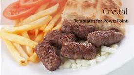  Presentation with french fries - Colorful slide set enhanced with cevapcici bosnian minced meat kebab wit somun bread onion and french fries backdrop and a coral colored foreground