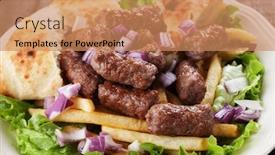 Presentation with french fries - Audience pleasing theme consisting of cevapcici bosnian minced meat kebab with onion and french fries backdrop and a coral colored foreground