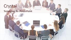  Presentation with round table - Presentation design featuring gathered at the round table background and a sky blue colored foreground