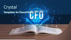  Presentation with digital book - Slide set having cfo inscription coming out from an open book digital technology concept background and a ocean colored foreground