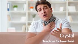  Presentation with sore throat - Theme enhanced with medical thyroiditis - young man suffering from sore background and a  colored foreground