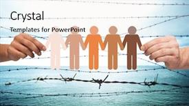  Presentation with refugee - Slide set enhanced with chain of paper people pictogram background and a white colored foreground