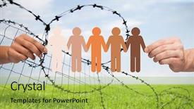  Presentation with refugee - Theme having chain of paper people pictogram background and a yellow colored foreground