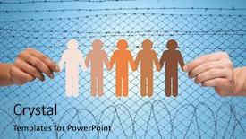  Presentation with refugee - Beautiful slide set featuring chain of paper people pictogram backdrop and a light blue colored foreground