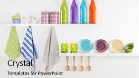  Presentation with kitchen utensils - PPT layouts enhanced with chaina interiors - kitchen utensils on wooden shelves background and a lemonade colored foreground