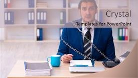  Presentation with unhappy - PPT theme having chained-male-employee-unhappy background and a  colored foreground