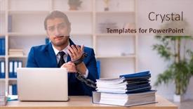  Presentation with unhappy - PPT theme having chained-male-employee-unhappy background and a mint green colored foreground