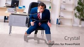  Presentation with employee - Beautiful PPT theme featuring chained-male-employee-working backdrop and a light gray colored foreground