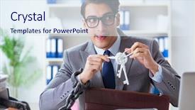  Presentation with office desk reception - Cool new slides with chains escape - busy employee chained to his backdrop and a  colored foreground