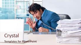  Presentation with employee of year - Slide set having chains escape - chained male employee unhappy background and a  colored foreground