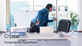  Presentation with employee retention milestones - Presentation theme consisting of chains escape - chained male employee unhappy background and a light blue colored foreground