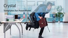  Presentation with employee of year - Slide set enhanced with chains escape - chained male employee unhappy background and a light blue colored foreground