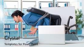  Presentation with employee motviation - Slide set enhanced with chains escape - chained male employee unhappy background and a light blue colored foreground