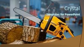  Presentation with chainsaw - Presentation design featuring chainsaw-in-power-tool-store background and a ocean colored foreground