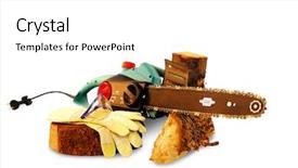  Presentation with chainsaw - Audience pleasing presentation consisting of woods tools - chainsaw workers gloves and cut backdrop and a white colored foreground