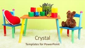  Presentation with child development developing toy - Presentation theme with wooden chair - modern child's room with equipment background and a soft green colored foreground