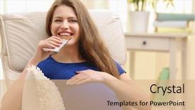  Presentation with pregnant woman - Amazing PPT theme having chair and eating chocolate pregnancy backdrop and a  colored foreground