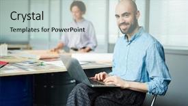  Presentation with office chair - Presentation theme consisting of chair and looking at camera background and a  colored foreground