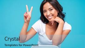  Presentation with cheerful - Beautiful theme featuring chair and showing victory sign backdrop and a light blue colored foreground