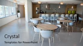  Presentation with office chair - PPT theme enhanced with chair and table in cafeteria background and a light gray colored foreground