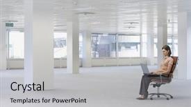  Presentation with healthy workplace full length side view - PPT theme featuring chair in empty office space background and a light gray colored foreground