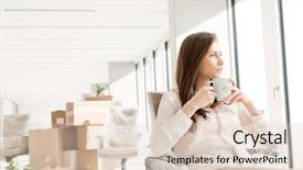  Presentation with office chair - Slide deck with thoughtful young businesswoman having coffee on chair in new office background and a lemonade colored foreground