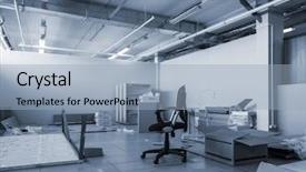  Presentation with office renovation - Slide set featuring chair in renovated modern office background and a light blue colored foreground