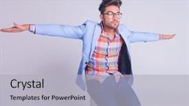  Presentation with elegant man in glasses optics - PPT theme having chair with arms wide open background and a light gray colored foreground