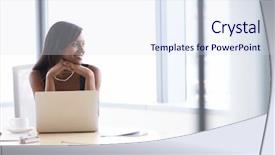  Presentation with teachers working around a table - PPT layouts having chairman - businesswoman working on laptop background and a sky blue colored foreground