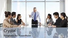  Presentation with board meeting - Colorful slide set enhanced with chairman - group of business people having backdrop and a light blue colored foreground