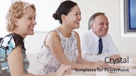  Presentation with special meeting notice - Presentation design featuring chairman - three businesspeople having meeting background and a  colored foreground