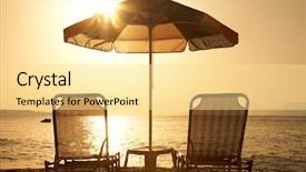  Presentation with sunset beach - Presentation theme having chairs and parasol at sunset background and a blonde colored foreground