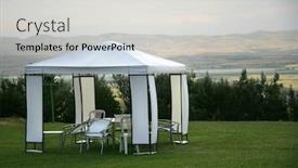  Presentation with picnic - PPT layouts enhanced with chairs-and-table-under-white background and a light gray colored foreground