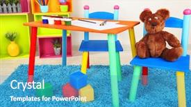  Presentation with chairs - Presentation design featuring chairs for little kids background and a teal colored foreground