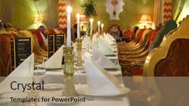 Presentation with indian restaurant - PPT theme having chairs in eastern luxury restaurant background and a coral colored foreground
