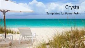  Presentation with under umbrella - Amazing PPT theme having chairs under umbrella on stunning caribbean beach backdrop and a light blue colored foreground