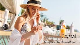  Presentation with explanation photo - Slides enhanced with chaise - photo of gorgeous woman 20s background and a coral colored foreground