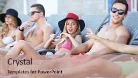  Presentation with young people diversity - Beautiful PPT theme featuring young people relaxing on chaise backdrop and a  colored foreground