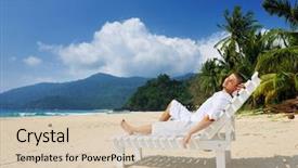  Presentation with tropical - Colorful slide set enhanced with chaise lounge - man in white relaxing backdrop and a  colored foreground