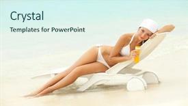  Presentation with lounge - Presentation theme enhanced with chaise lounge - young woman with sun-protection cream background and a cool aqua colored foreground