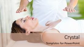  Presentation with reiki - Colorful slide deck enhanced with chakra - calm woman receiving reiki treatment backdrop and a coral colored foreground