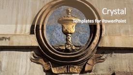  Presentation with champion golden trophy cup - PPT theme consisting of house at the golden cup background and a coral colored foreground