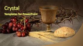  Presentation with crown thorns - Colorful PPT theme enhanced with wine cup surrounded by bread and grapes with crown of thorns in background as symbols of communion backdrop and a wine colored foreground