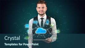 Presentation with cloud technology - Presentation theme having chalk drawn cloud technology symbols on a tabled handled by businessman background and a ocean colored foreground