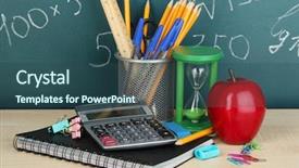  Presentation with school apple - Theme consisting of chalkboard apple - school supplies on wooden table background and a ocean colored foreground