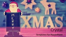  Presentation with rustic chalkboard - Slide set consisting of chalkboard in the shape of santa claus with the text merry and wooden letters forming the text xmas on a blue rustic wooden surface with some different cozy christmas ornaments background and a coral colored foreground